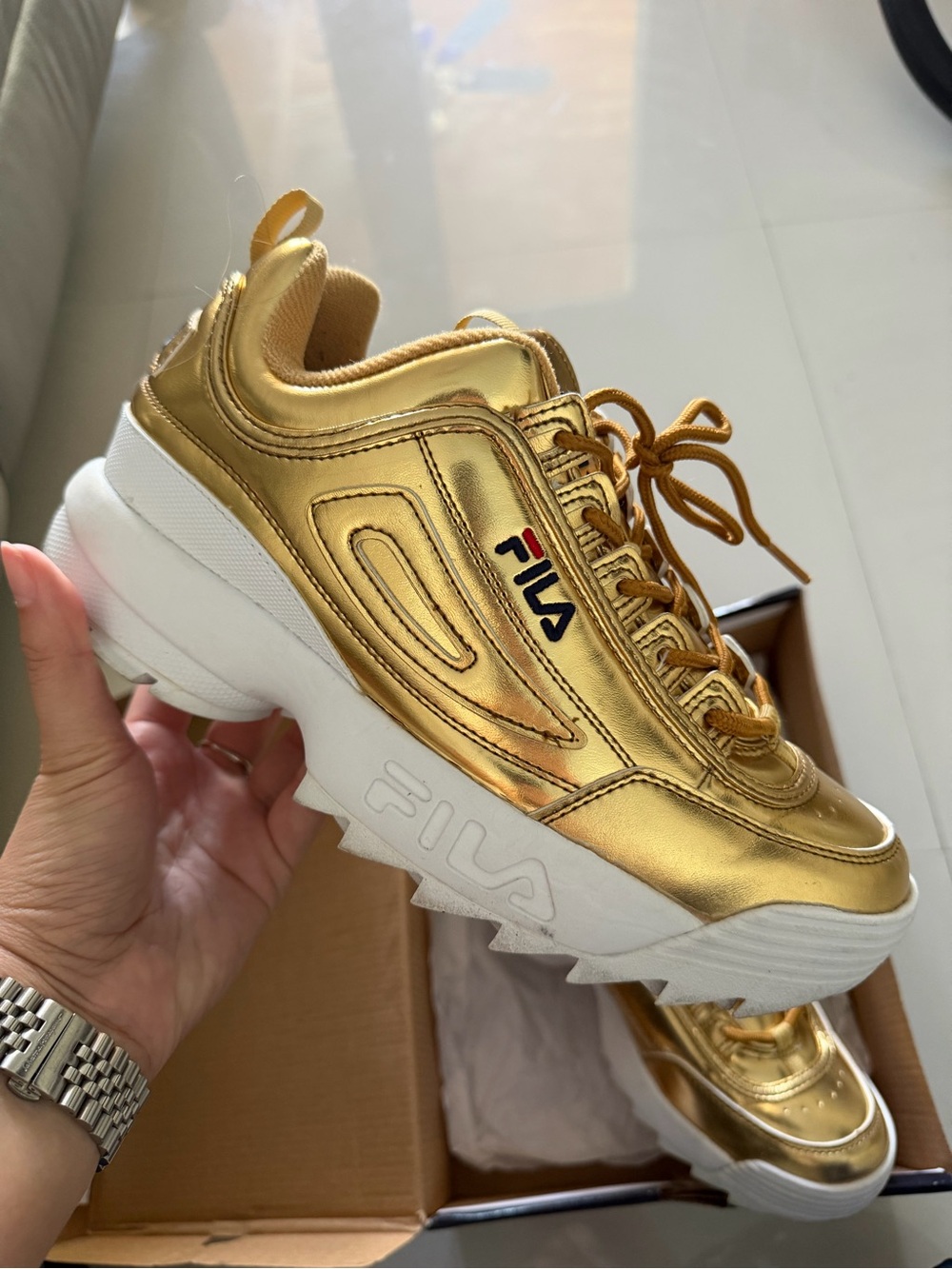 Fila Gold Metallic Chunky Sneakers with White Sole - Picture 5 of 9